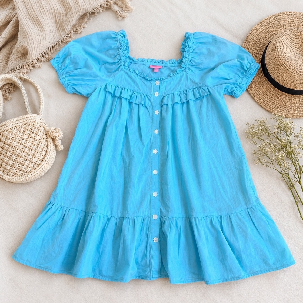 Stoney Clover Lane Dress Womens M Blue Ruffle Puff Sleeve Linen Babydoll Boho